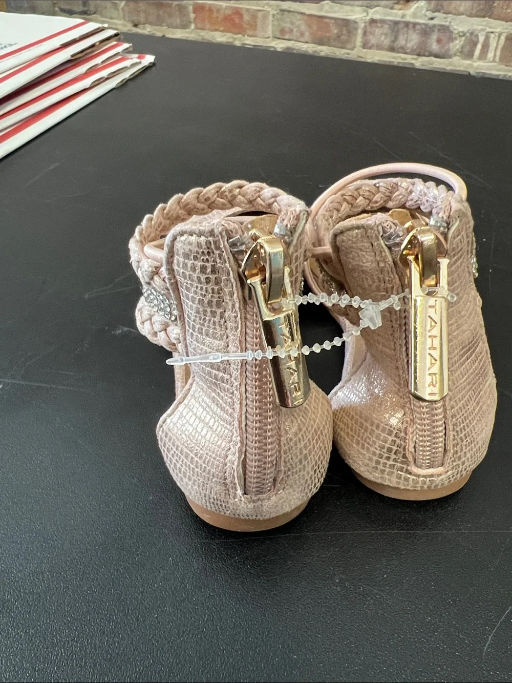 Tahari Blush Pink Pointed Toe Flats with Braided Rhinestone Anklet